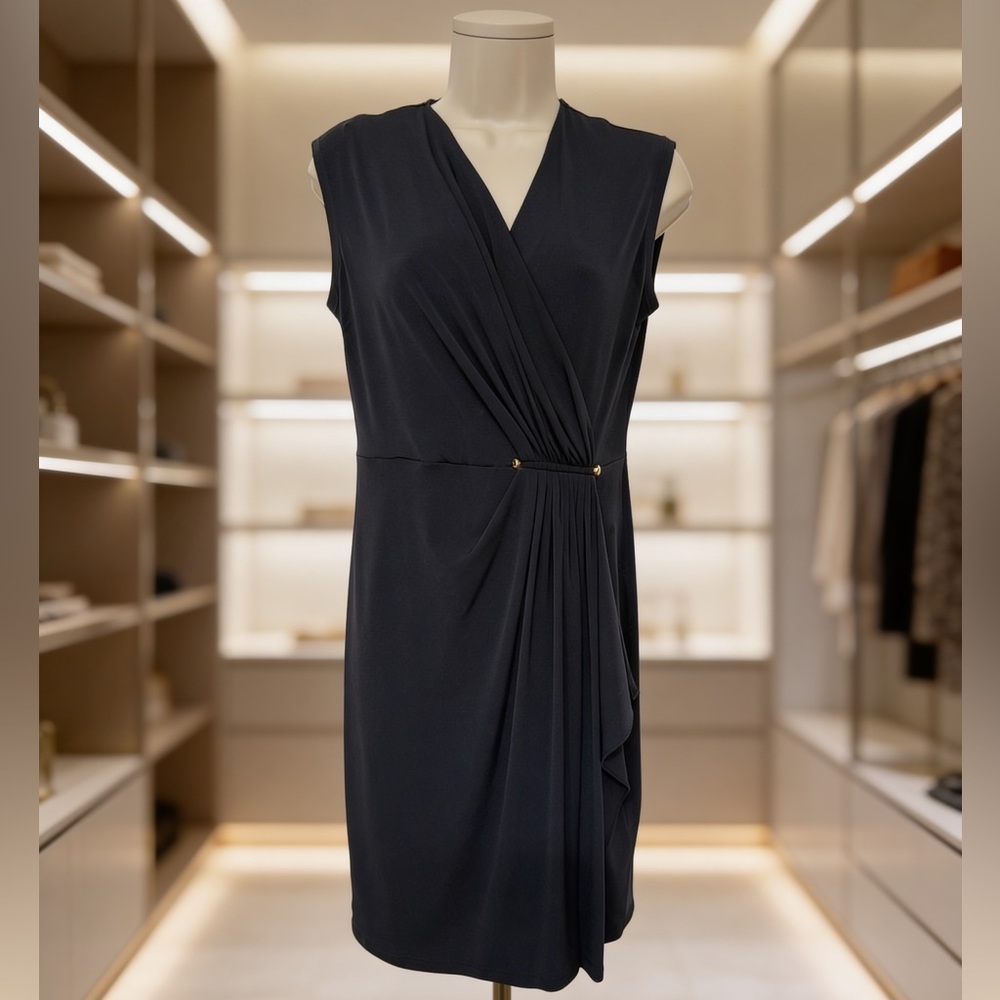 Michael Kors Faux Wrap Sheath Dress Navy Gold Hardware XS Ruched V-Neck Career